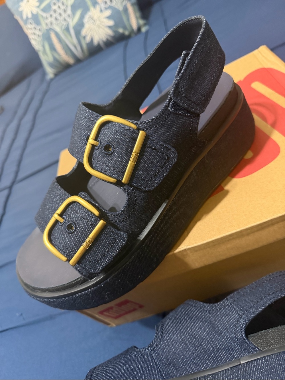 Fitflop women’s  Navy Denim Platform Sandals with Gold Buckles